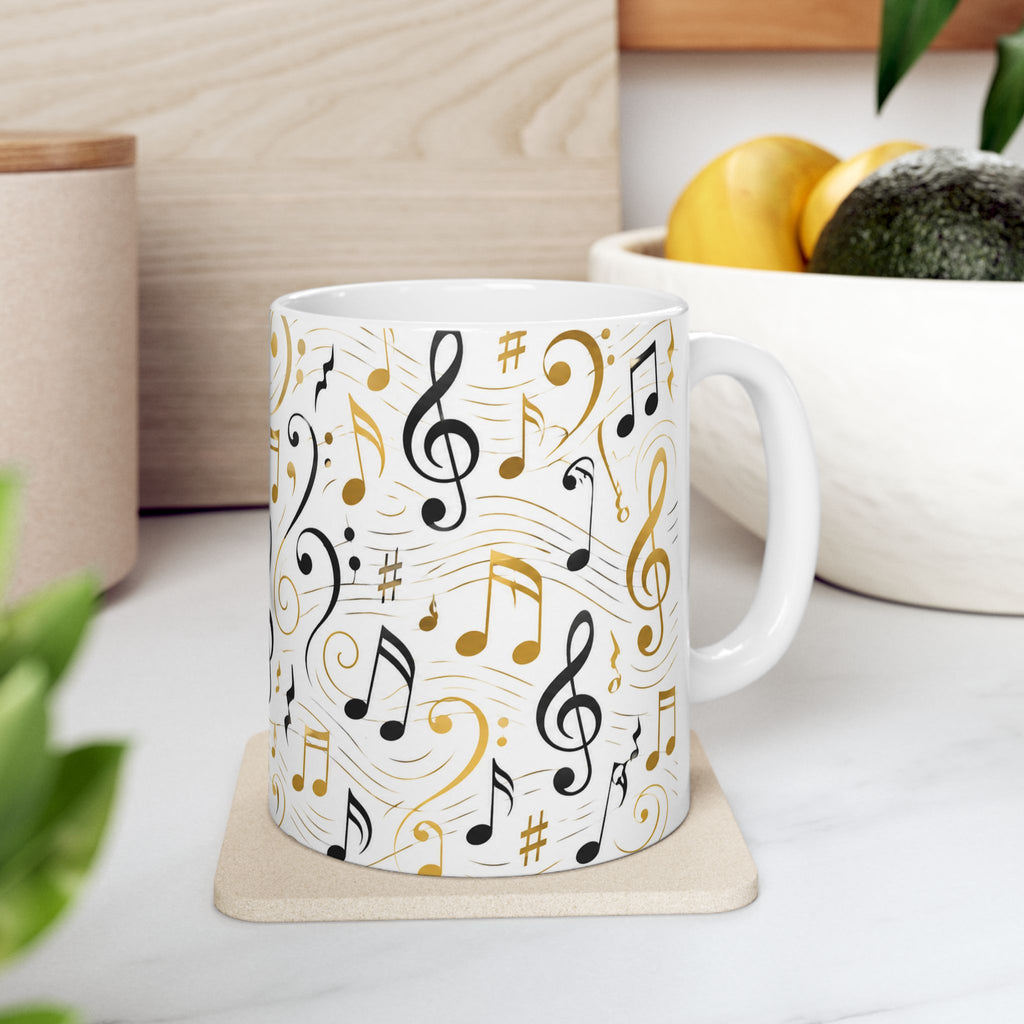 Music Notes Ceramic Mug — Gold & Black Treble Clef Coffee Cup (11oz/15oz)