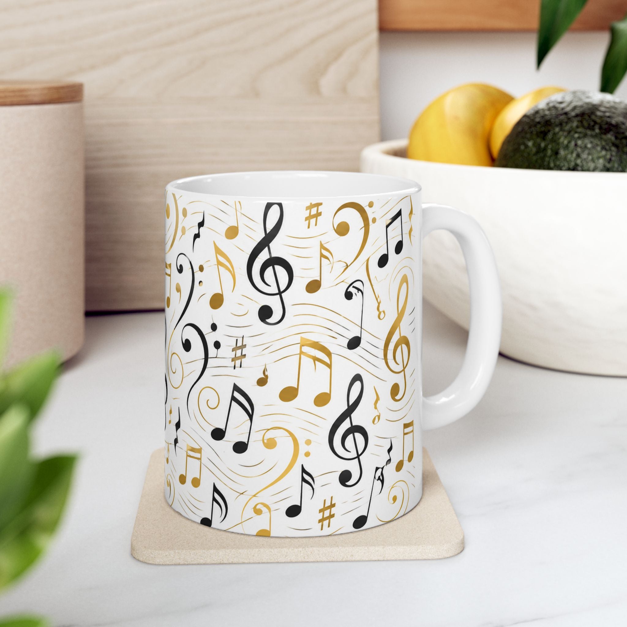 Music Notes Ceramic Mug — Gold & Black Treble Clef Coffee Cup (11oz/15oz)