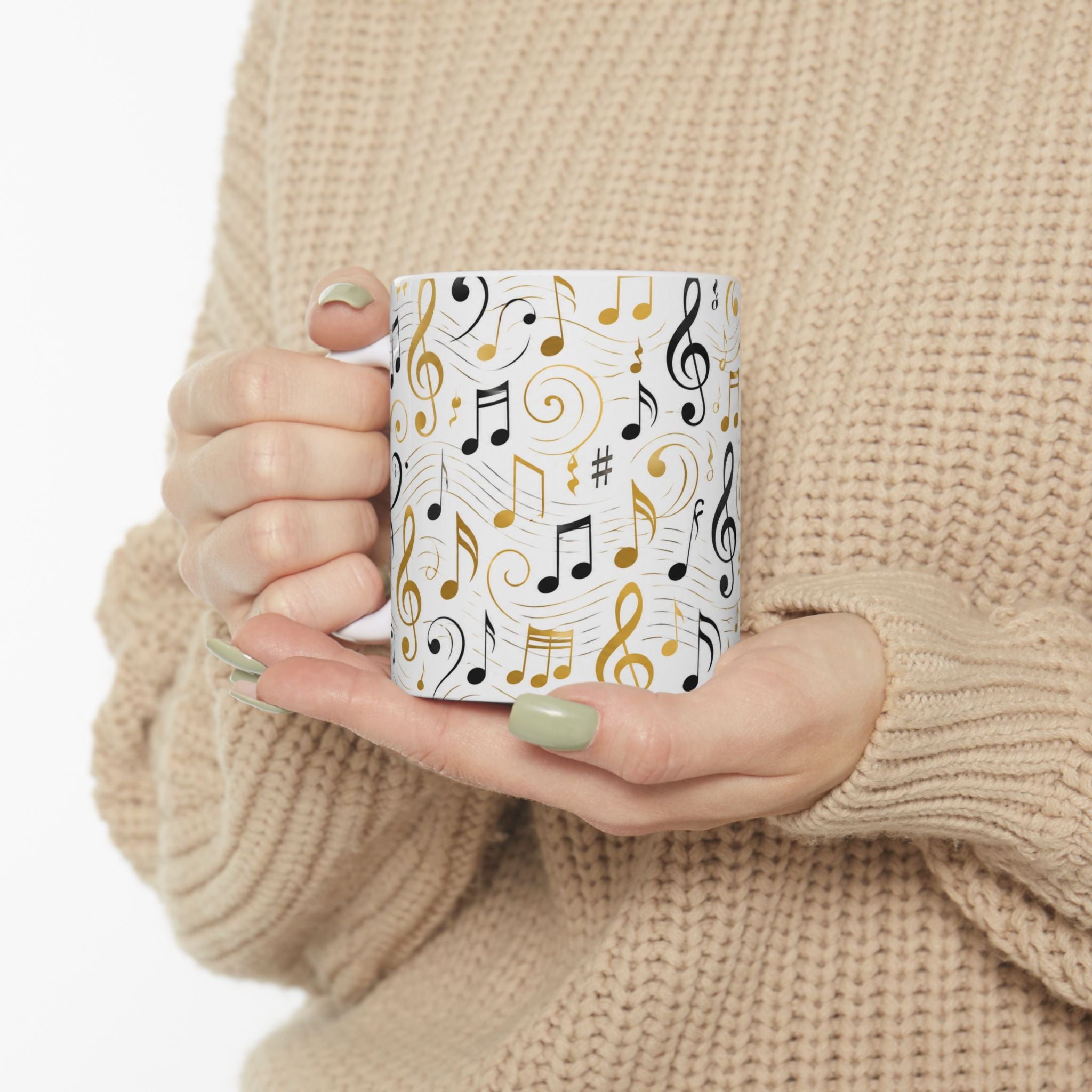 Music Notes Ceramic Mug — Gold & Black Treble Clef Coffee Cup (11oz/15oz)