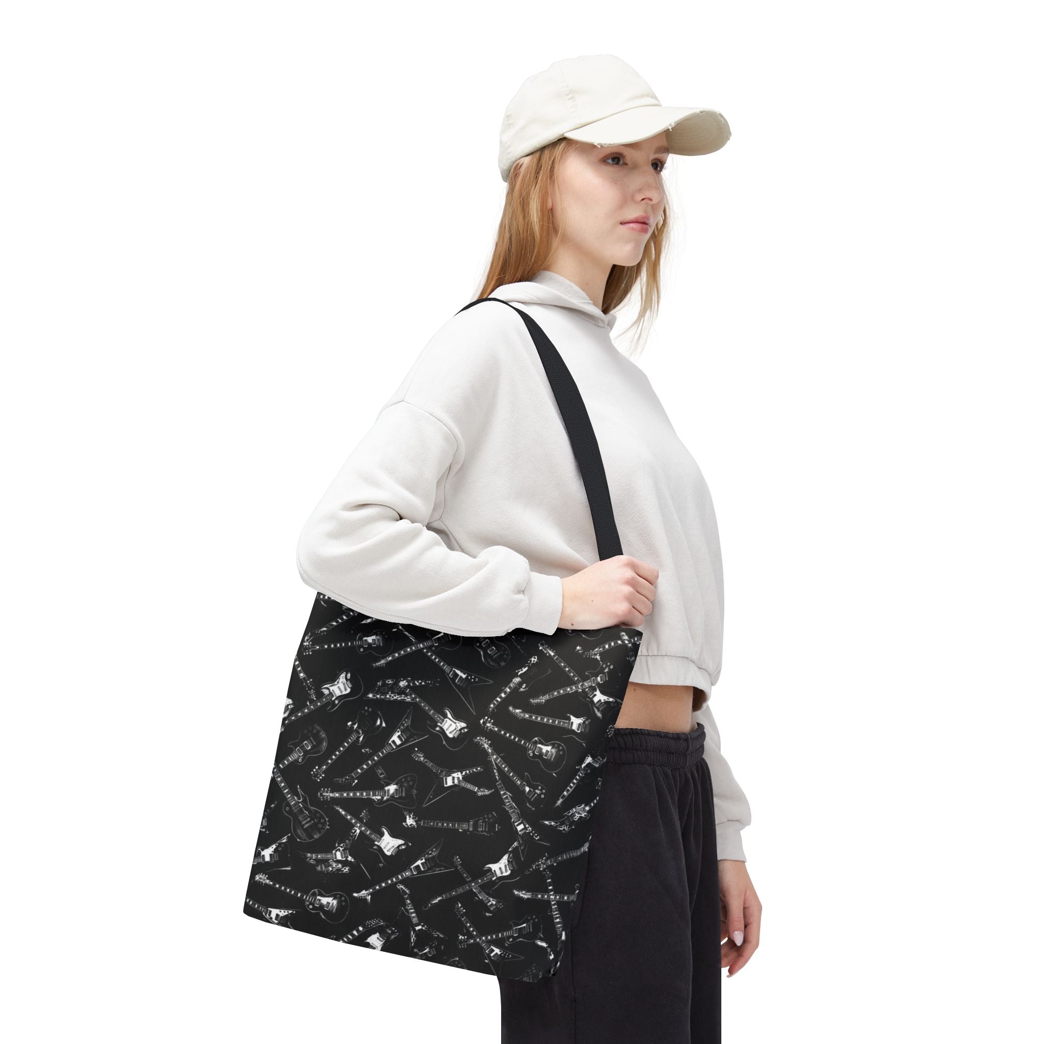 Black Guitar Pattern Tote Bag — Rock Music Instrument All-Over Print