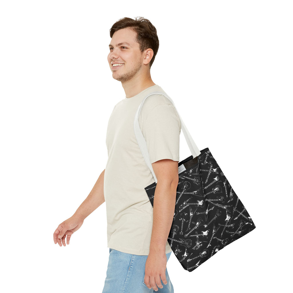 Black Guitar Pattern Tote Bag — Rock Music Instrument All-Over Print