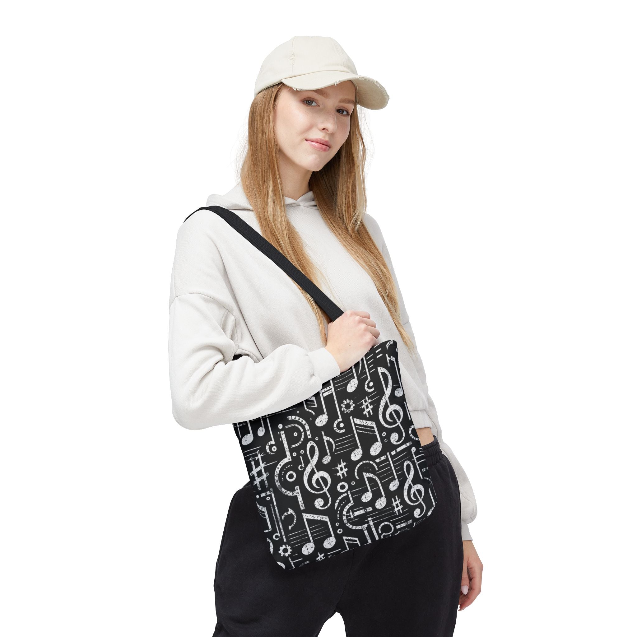 Musical Notes Pattern Tote Bag – Black & White Music Lover AOP Tote