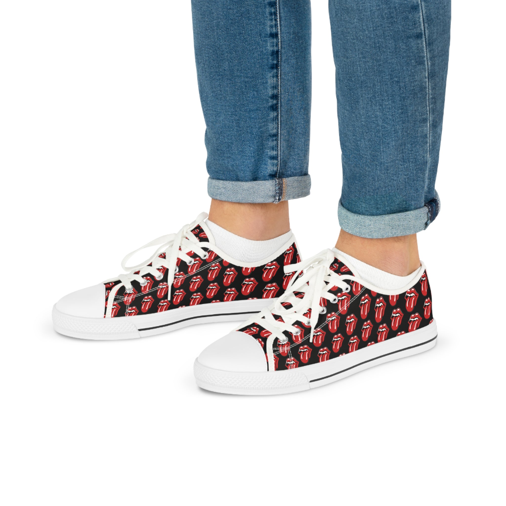 Men's Black Low-Top Sneakers with Rolling Stones Pattern