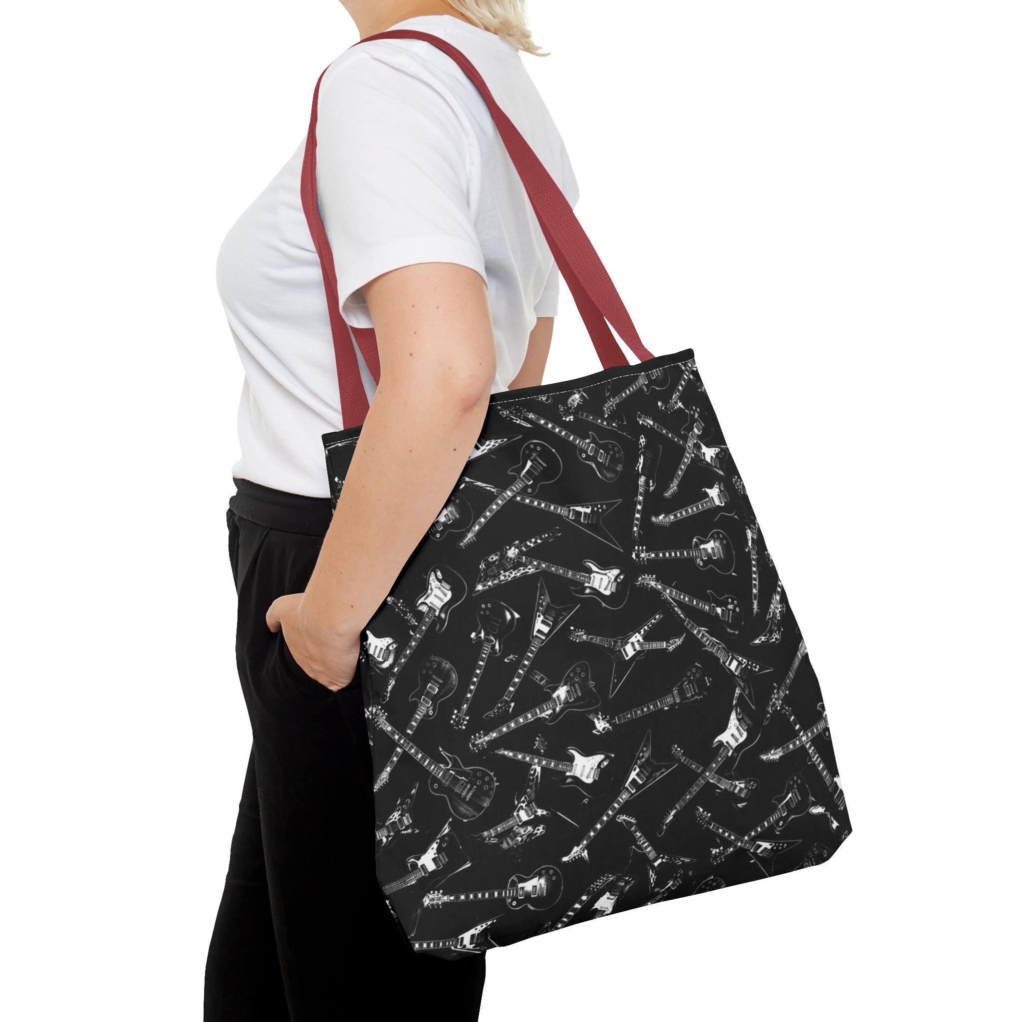 Black Guitar Pattern Tote Bag — Rock Music Instrument All-Over Print