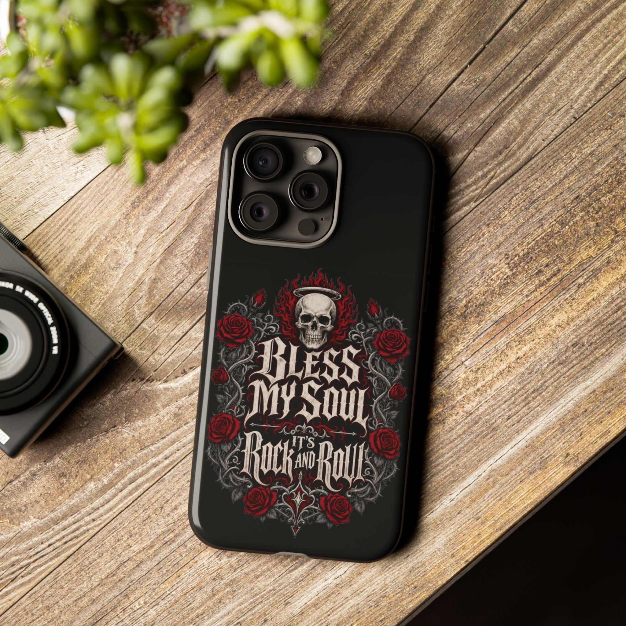 Bless My Soul Rock and Roll Phone Case — Gothic Skull & Roses Tough Case