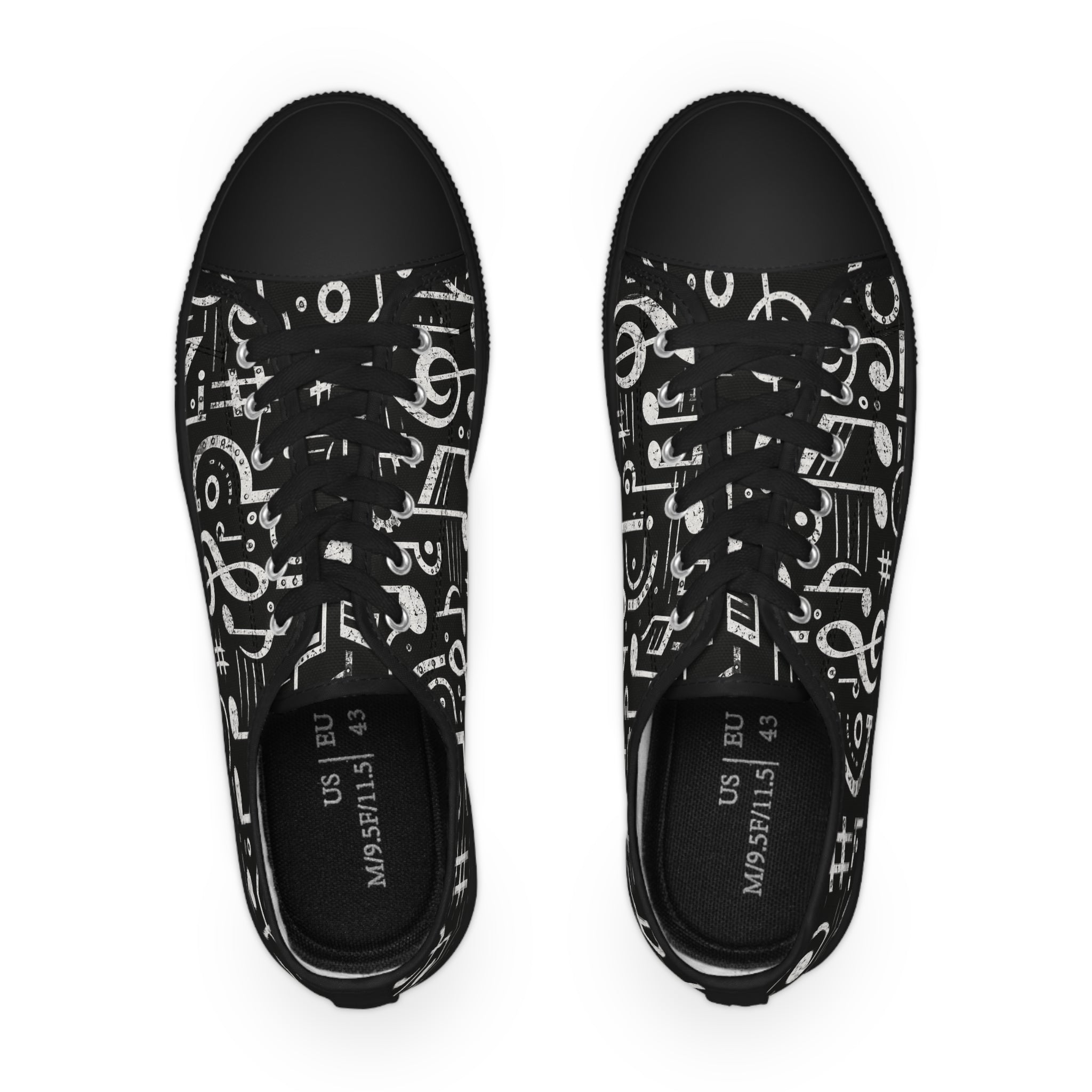 Music Note Low Top Sneakers — Black & White Musical Print for Men