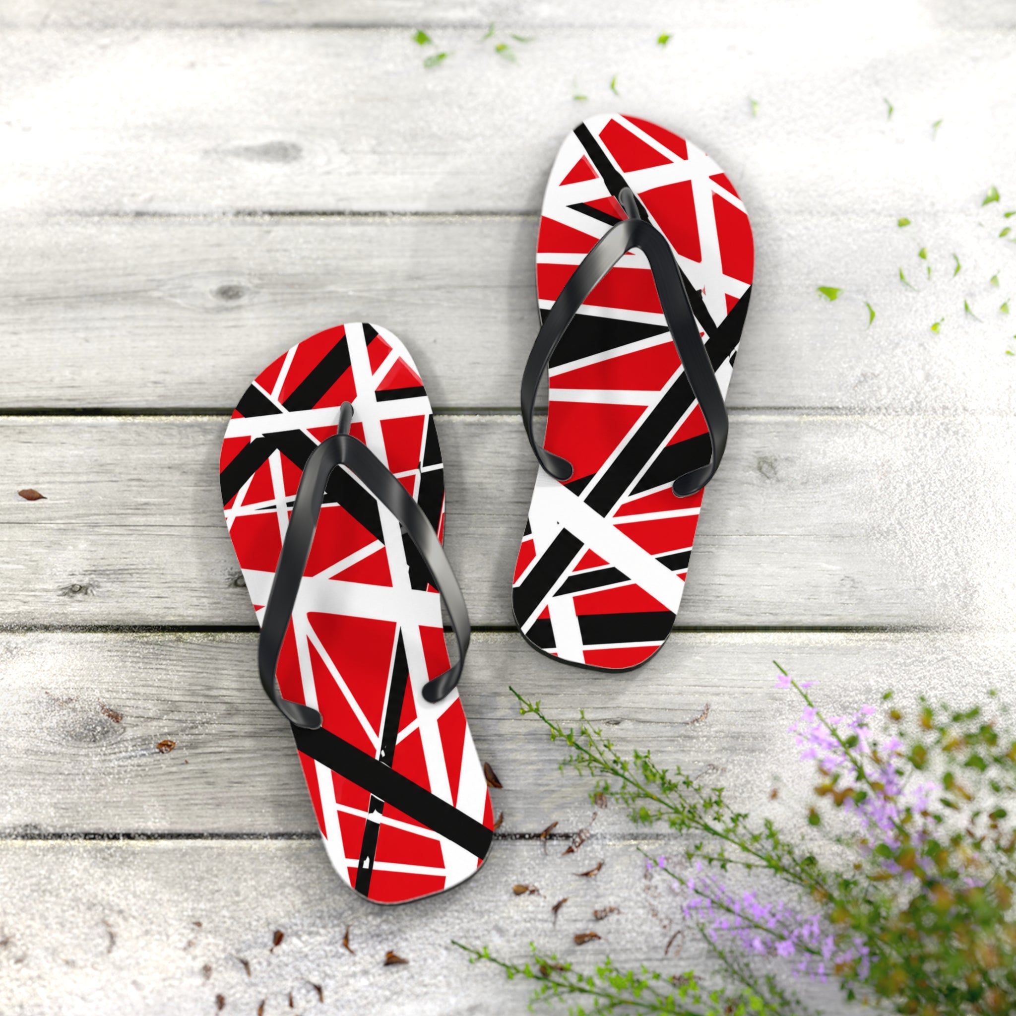 EVH Van Halen Tribute bold Flip Flops — Red Black Geometric Abstract Stripe Summer Sandals