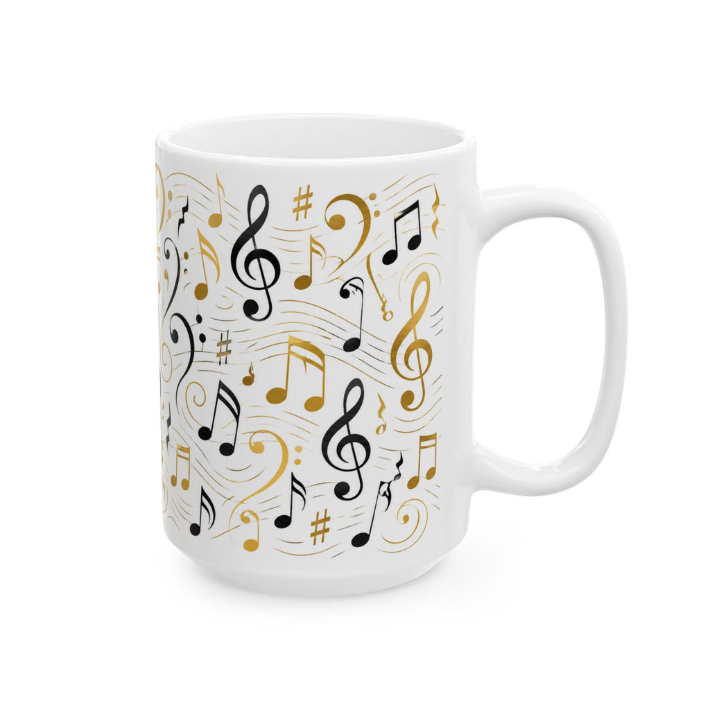 Music Notes Ceramic Mug — Gold & Black Treble Clef Coffee Cup (11oz/15oz)