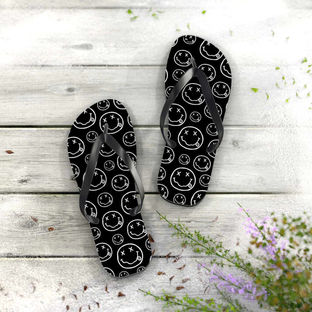 Nirvana Flip Flops — Black, Black & White Rock Star Beach Sandals