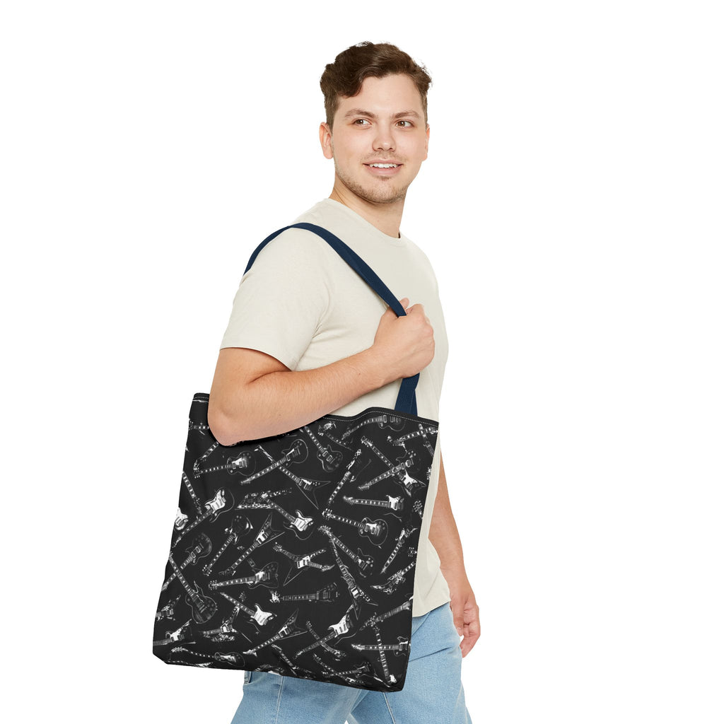 Black Guitar Pattern Tote Bag — Rock Music Instrument All-Over Print