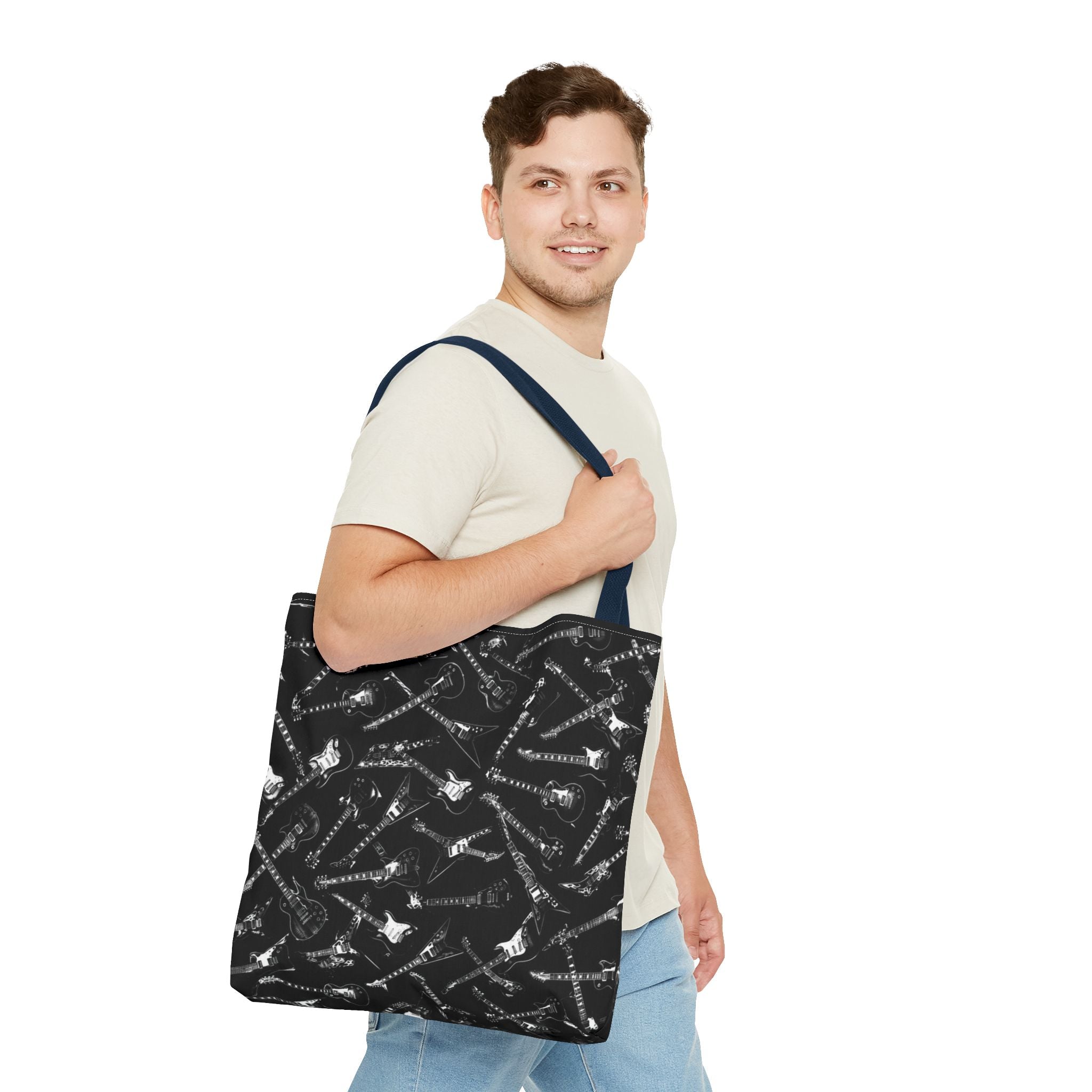 Black Guitar Pattern Tote Bag — Rock Music Instrument All-Over Print