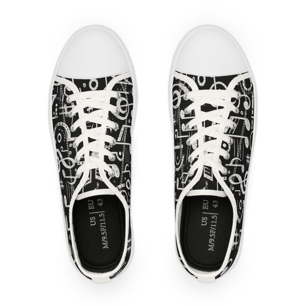 Music Note Low Top Sneakers — Black & White Musical Print for Men