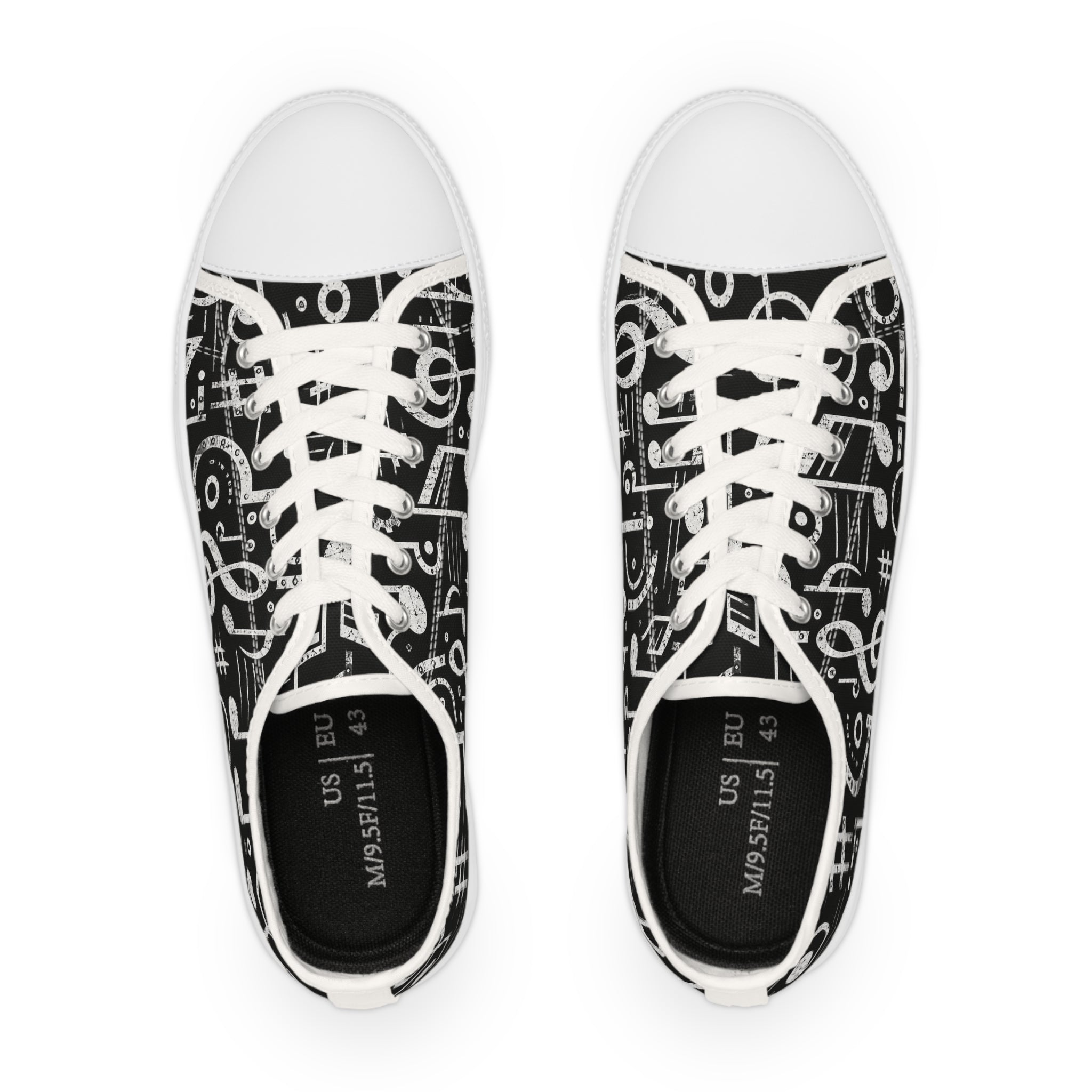 Music Note Low Top Sneakers — Black & White Musical Print for Men