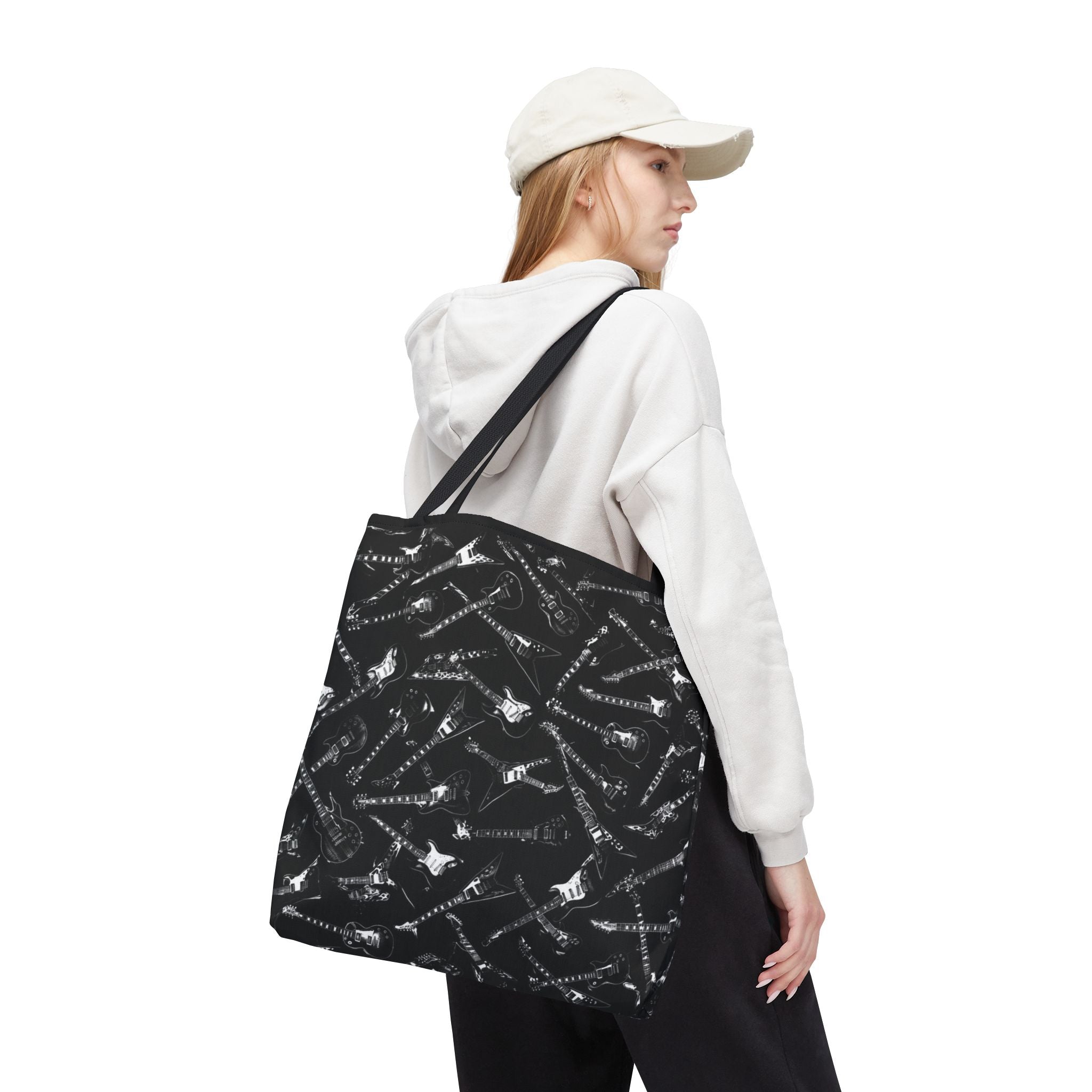 Black Guitar Pattern Tote Bag — Rock Music Instrument All-Over Print