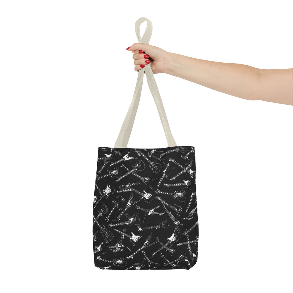 Black Guitar Pattern Tote Bag — Rock Music Instrument All-Over Print