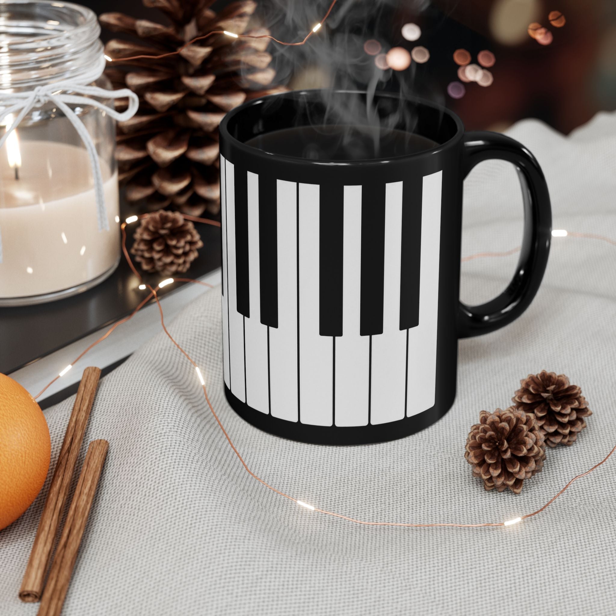 Piano Keyboard Black Coffee Mug – Musician Gift, 11oz & 15oz