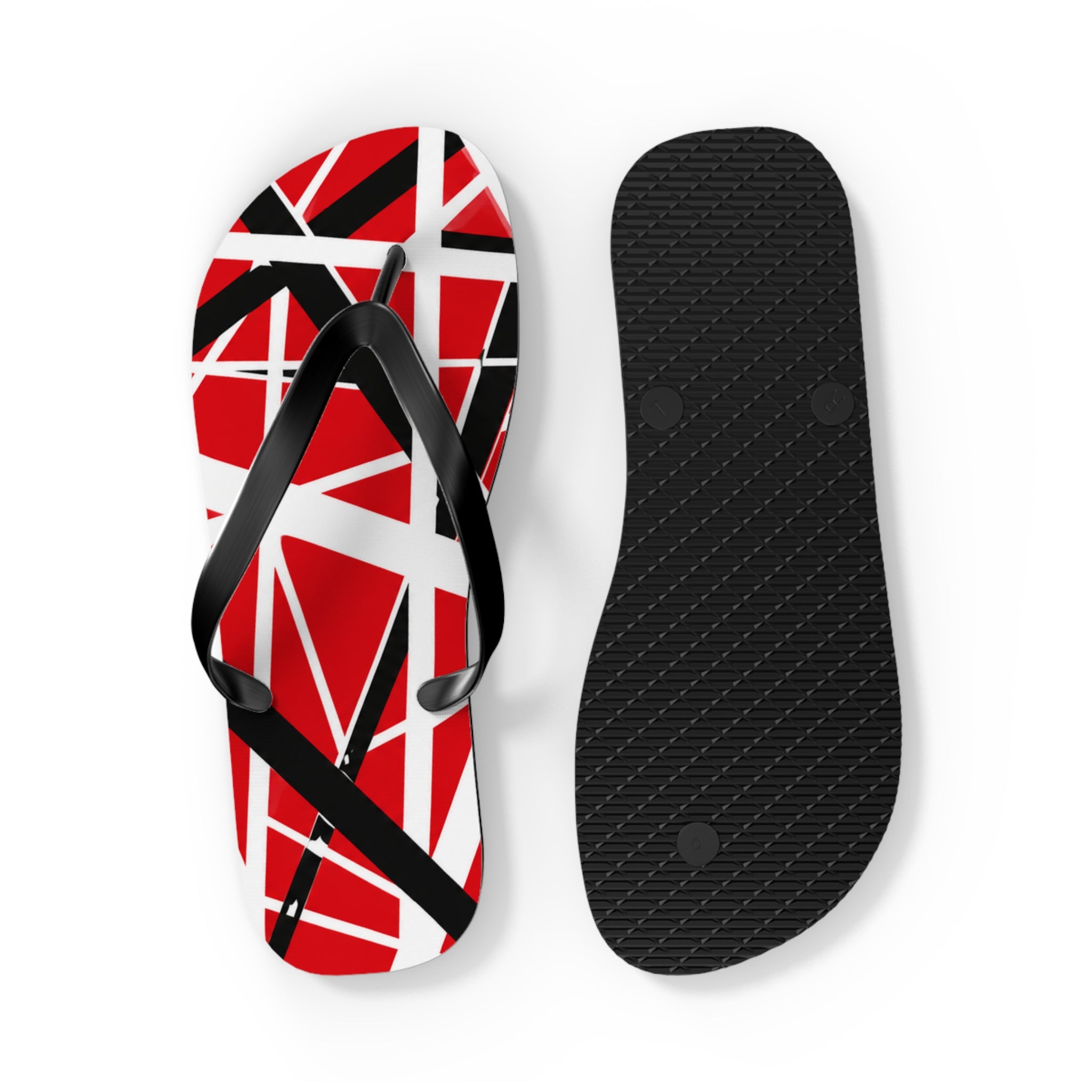 EVH Van Halen Tribute bold Flip Flops — Red Black Geometric Abstract Stripe Summer Sandals