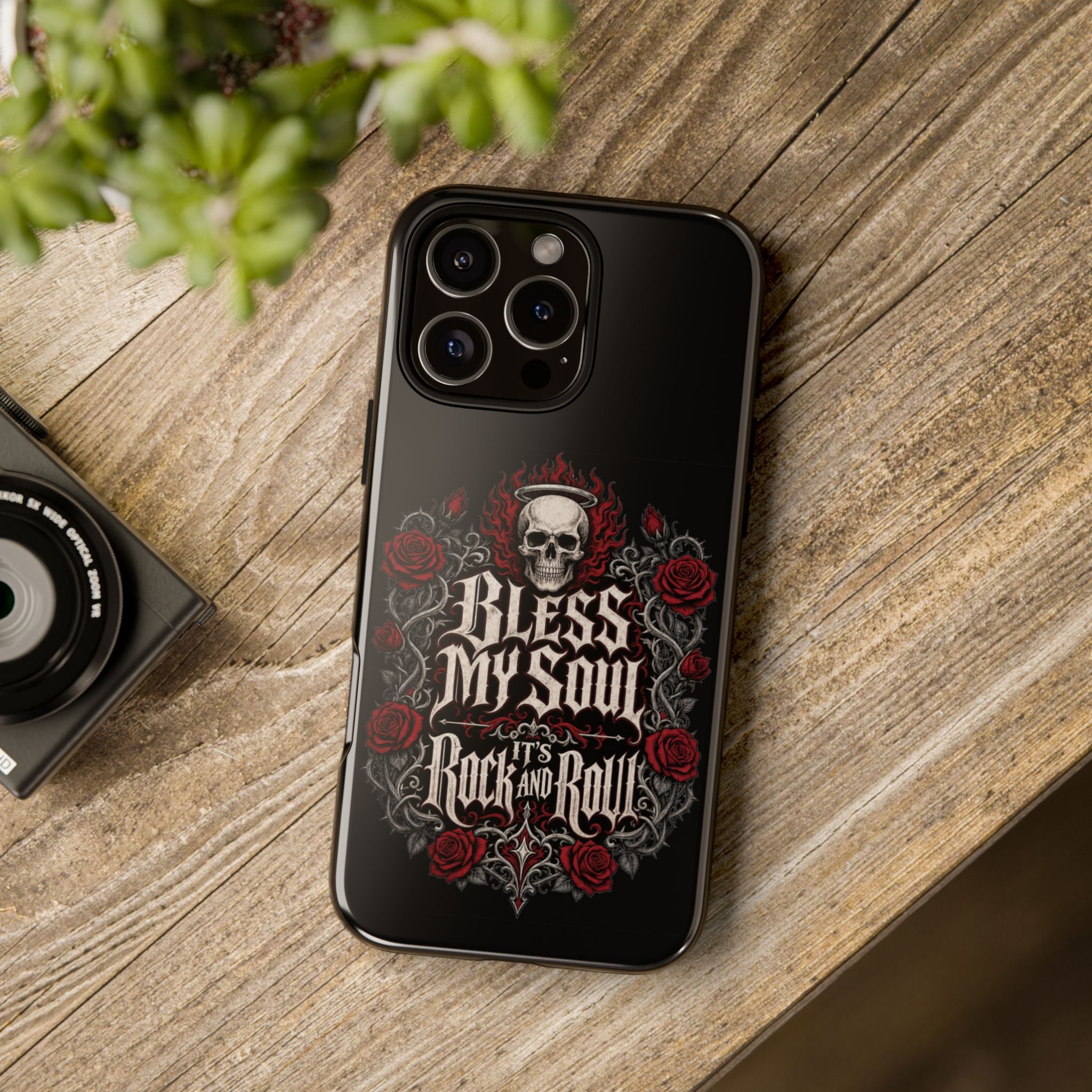 Bless My Soul Rock and Roll Phone Case — Gothic Skull & Roses Tough Case