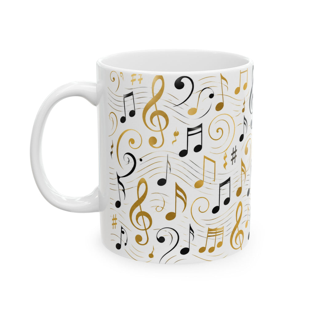 Music Notes Ceramic Mug — Gold & Black Treble Clef Coffee Cup (11oz/15oz)