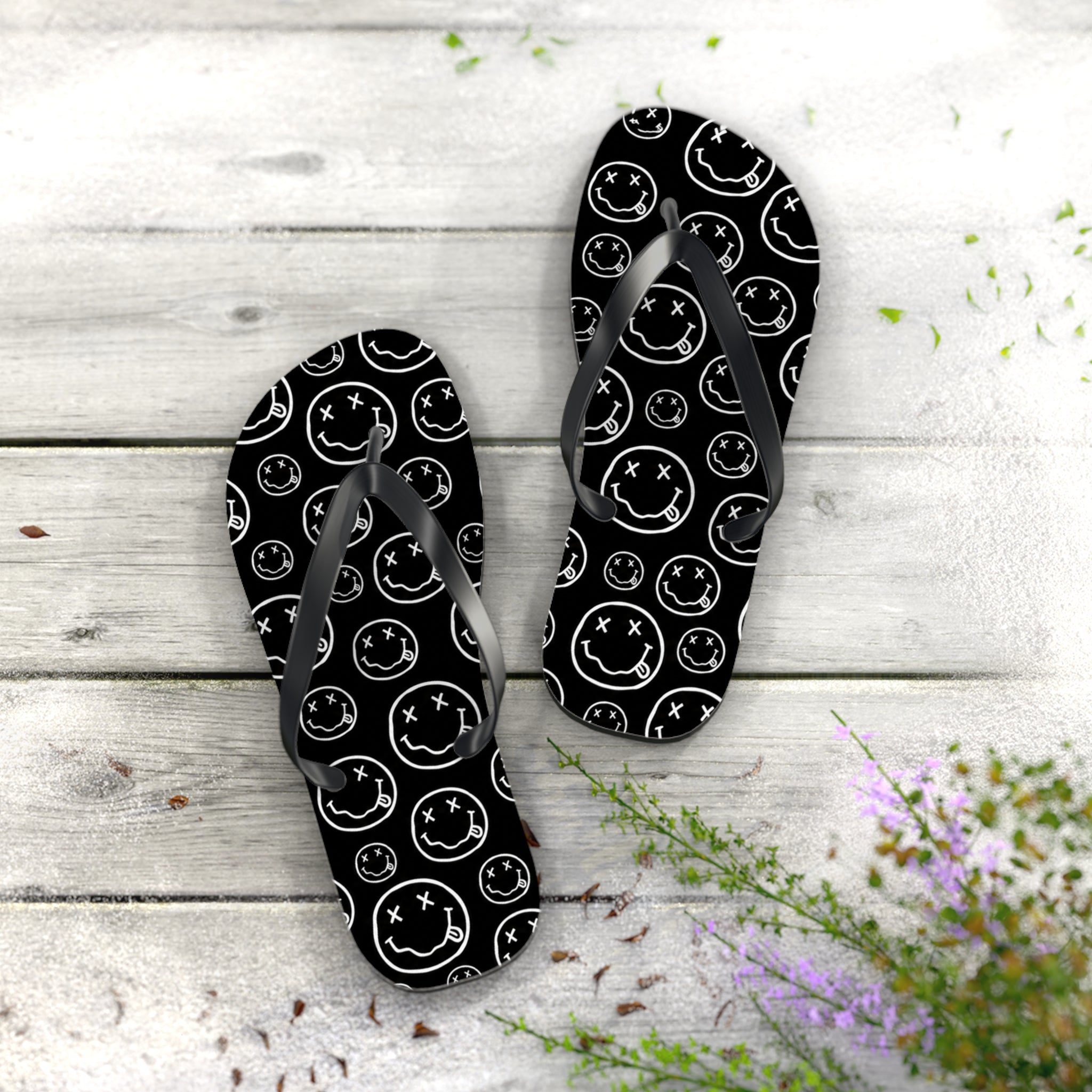 Nirvana Flip Flops — Black, Black & White Rock Star Beach Sandals
