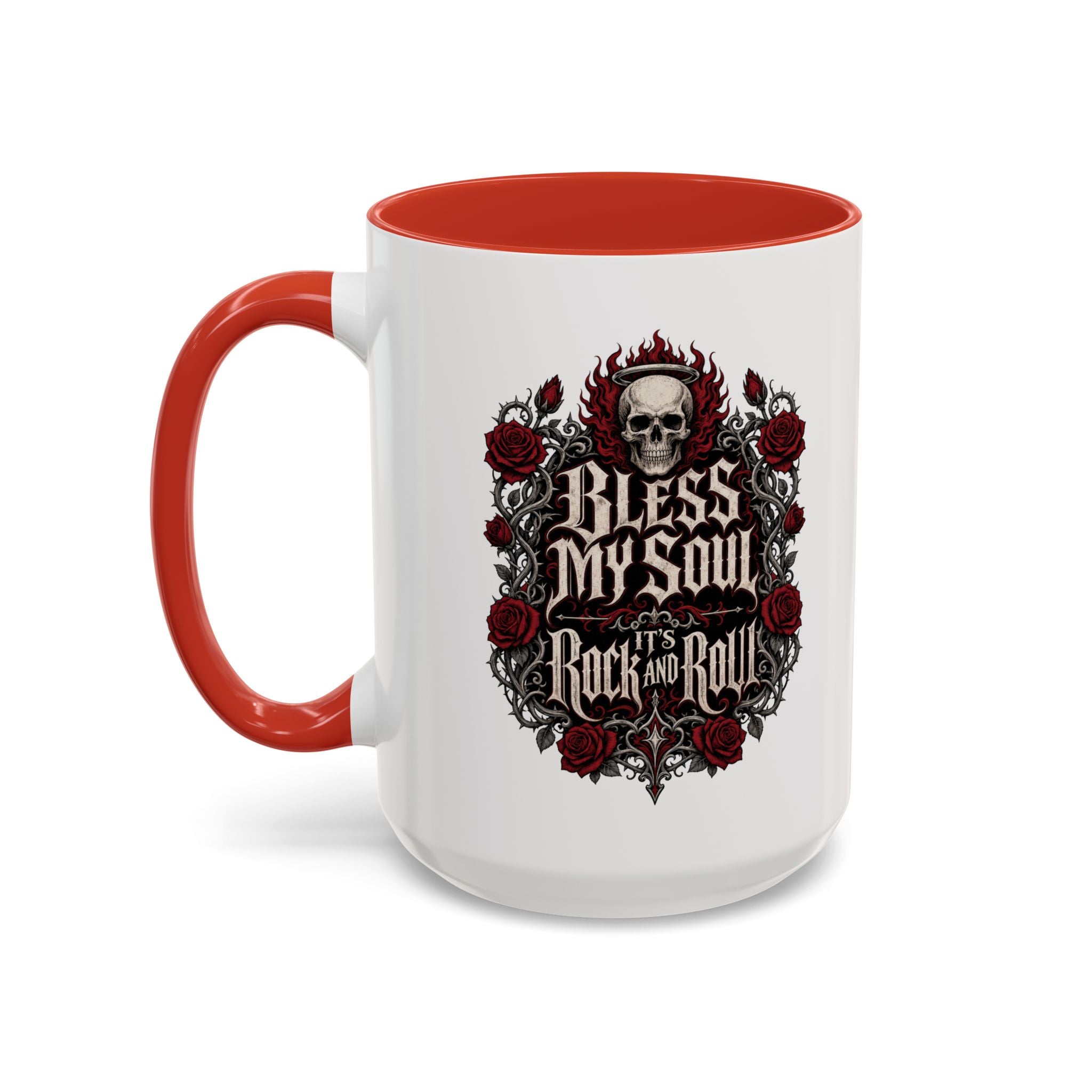 Rock & Roll Coffee Mug — "Bless My Soul" Skull & Roses Accent Mug