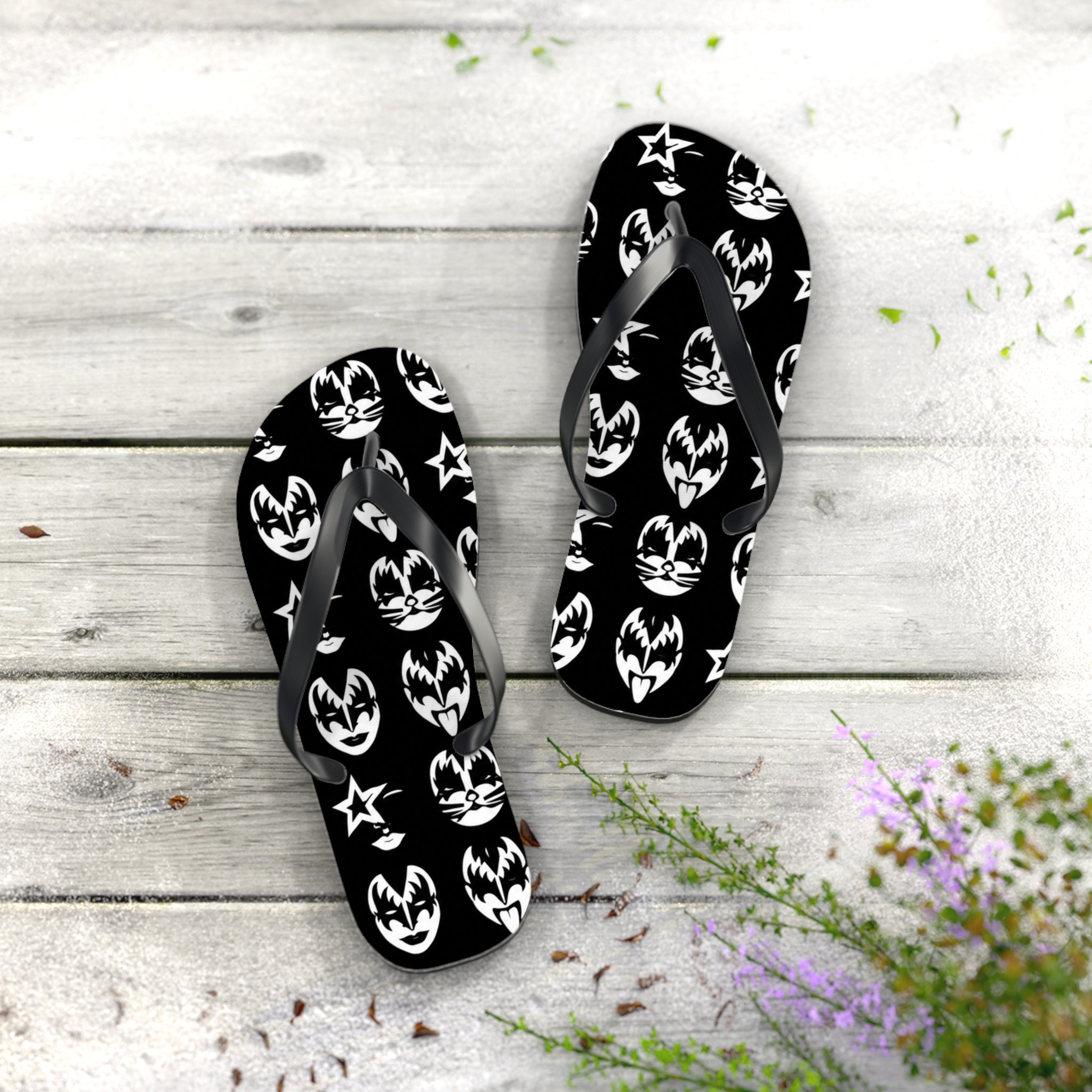 Kiss Band Logo Flip Flops — Black & White Rock Star Beach Sandals