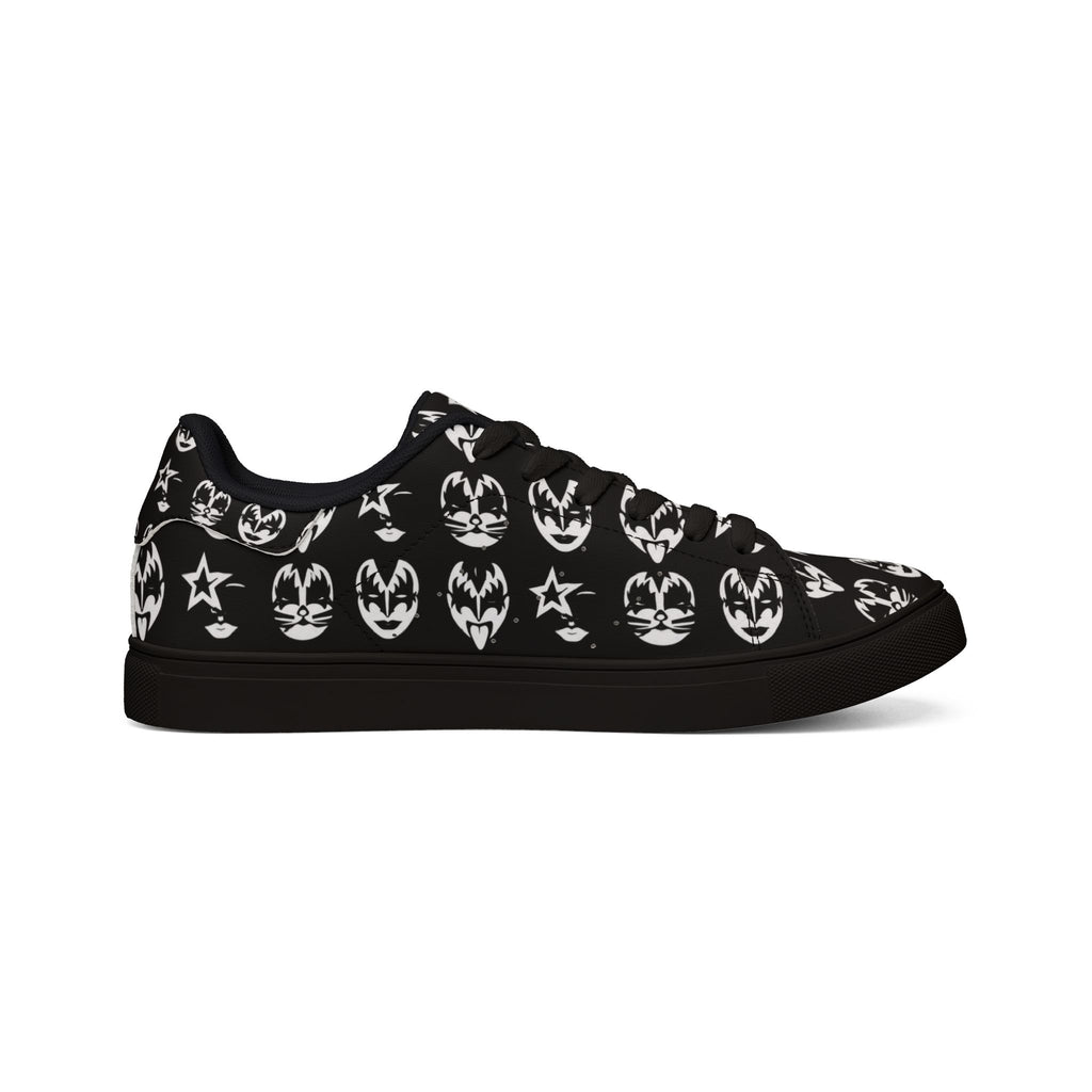 PU Leather Sneakers — Black Rock Kiss Face Pattern Low-Top Shoes