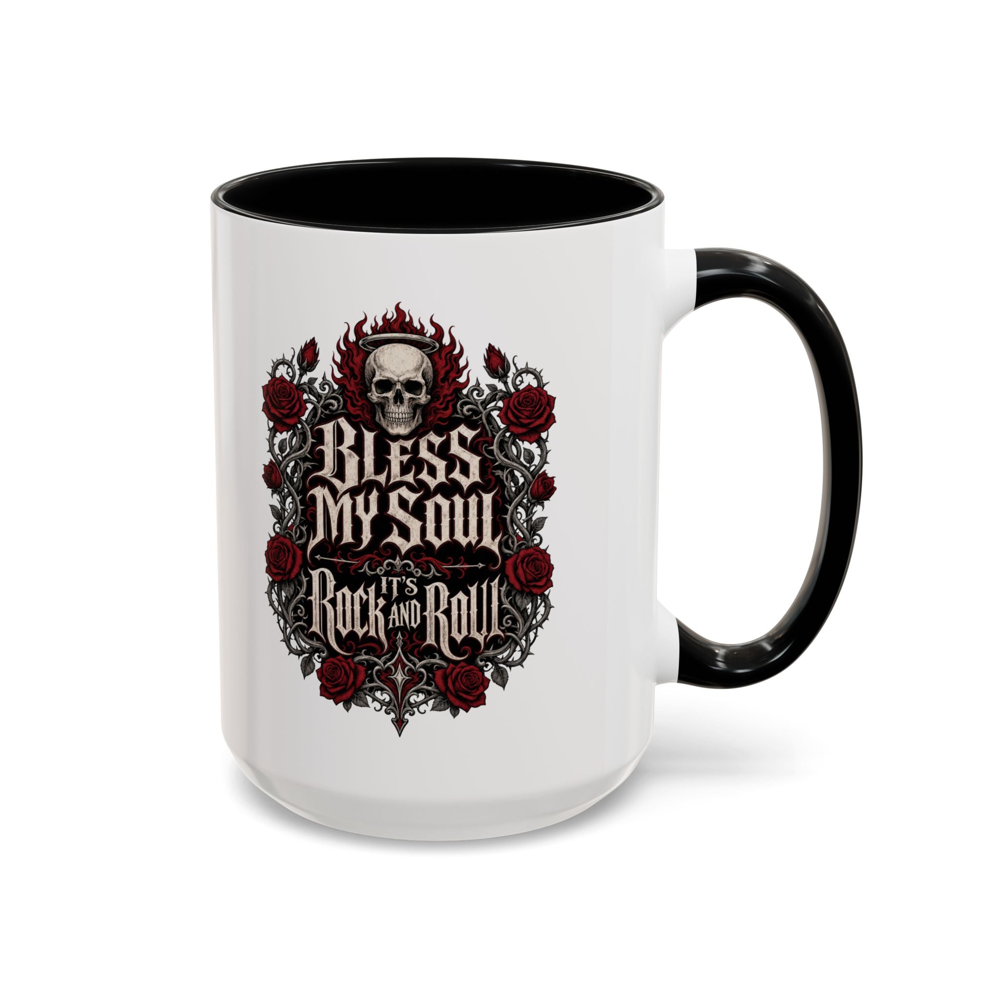 Rock & Roll Coffee Mug — "Bless My Soul" Skull & Roses Accent Mug
