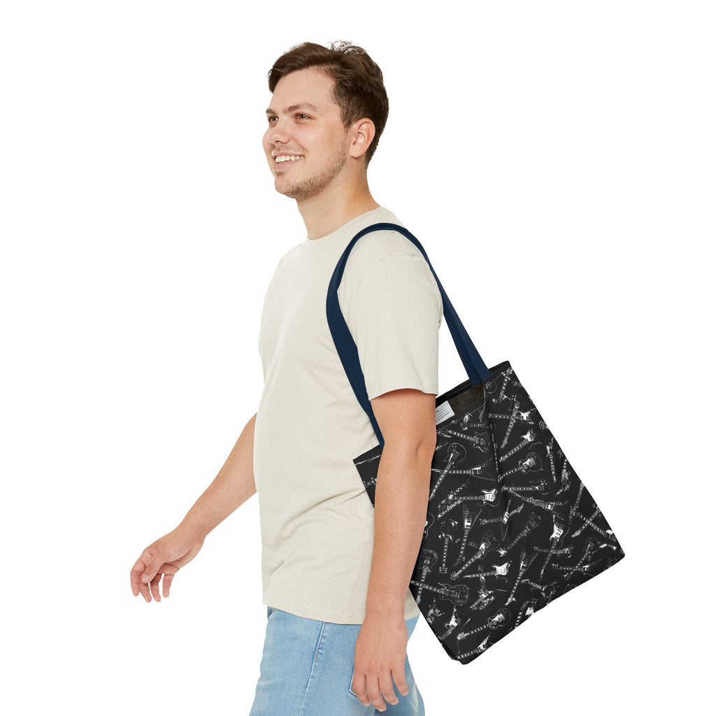 Black Guitar Pattern Tote Bag — Rock Music Instrument All-Over Print