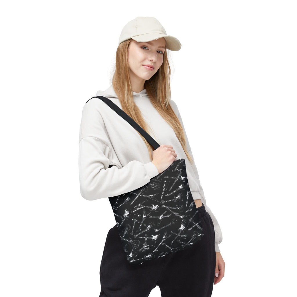 Black Guitar Pattern Tote Bag — Rock Music Instrument All-Over Print