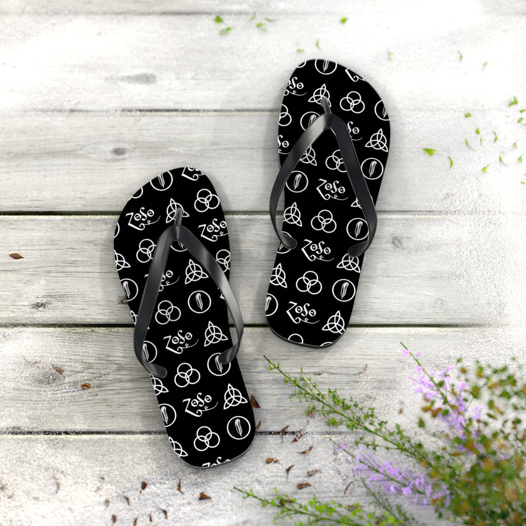 Led Zeppelin symbols Logo Flip Flops — Black & White Rock Star Beach Sandals
