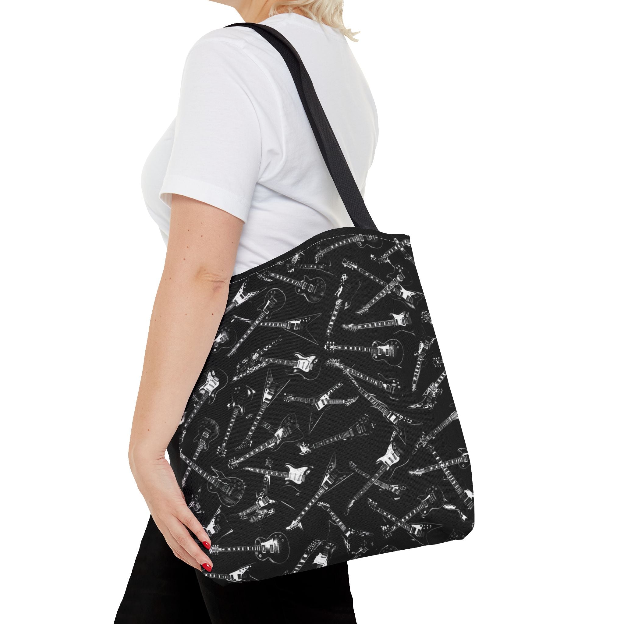 Black Guitar Pattern Tote Bag — Rock Music Instrument All-Over Print