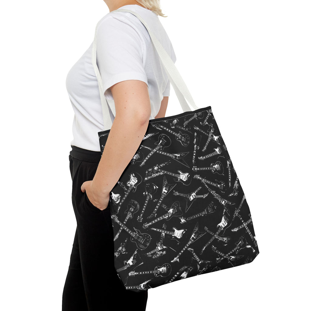 Black Guitar Pattern Tote Bag — Rock Music Instrument All-Over Print