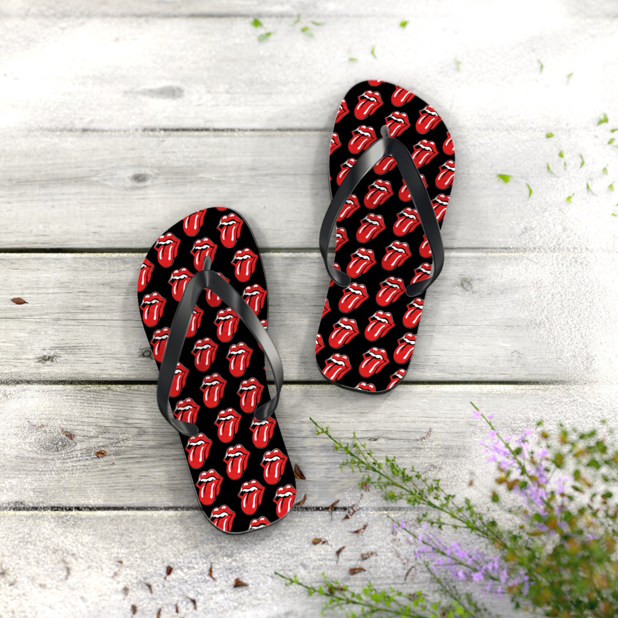 Rolling Stones Flip Flops — Black, Red & White Rock Star Beach Sandals