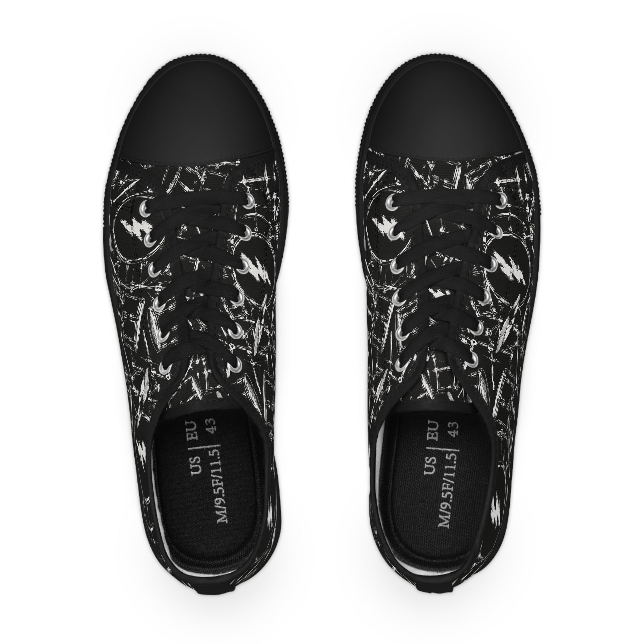 Black Grunge Drums Low Top Sneakers — Men's Casual Canvas Shoes