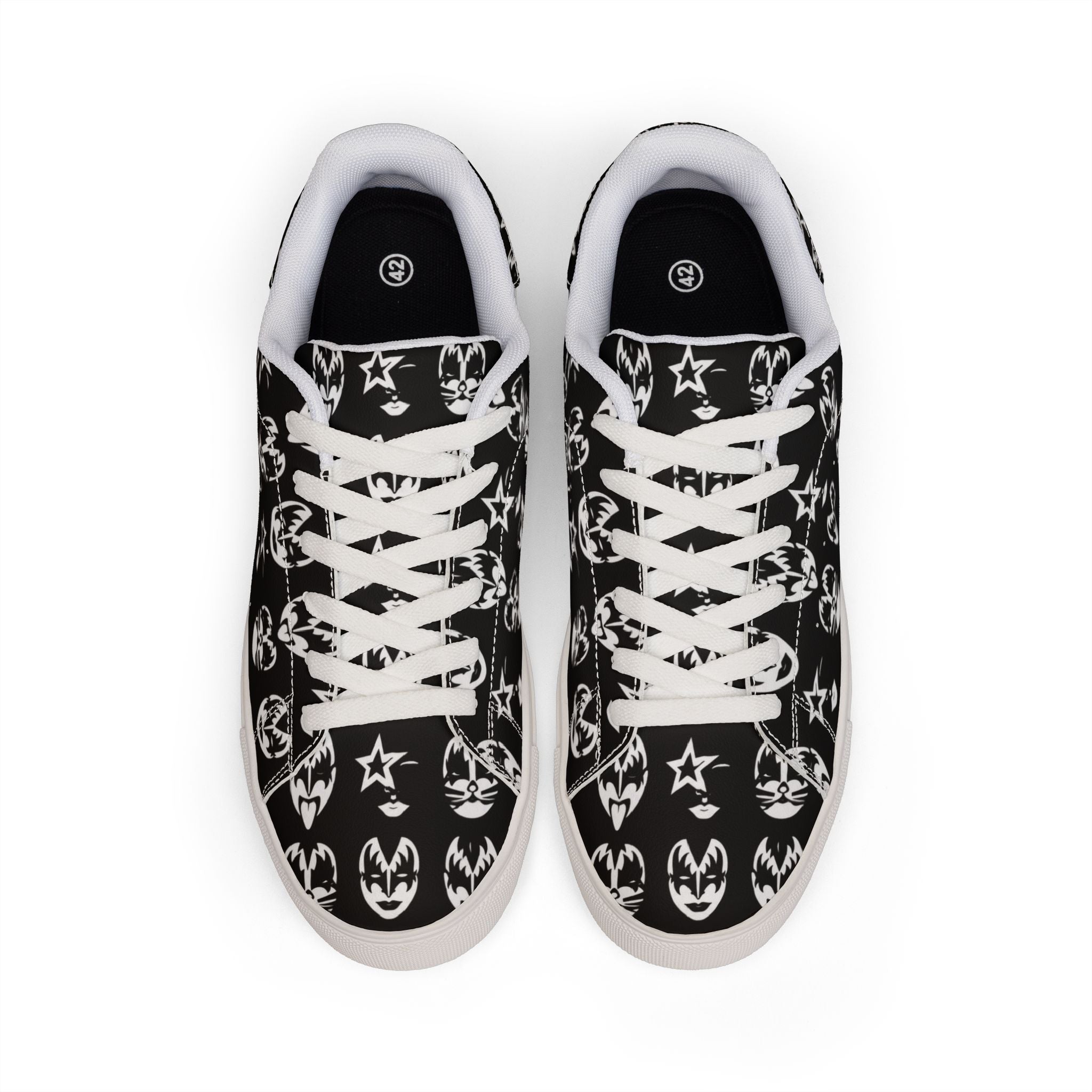 PU Leather Sneakers — Black Rock Kiss Face Pattern Low-Top Shoes