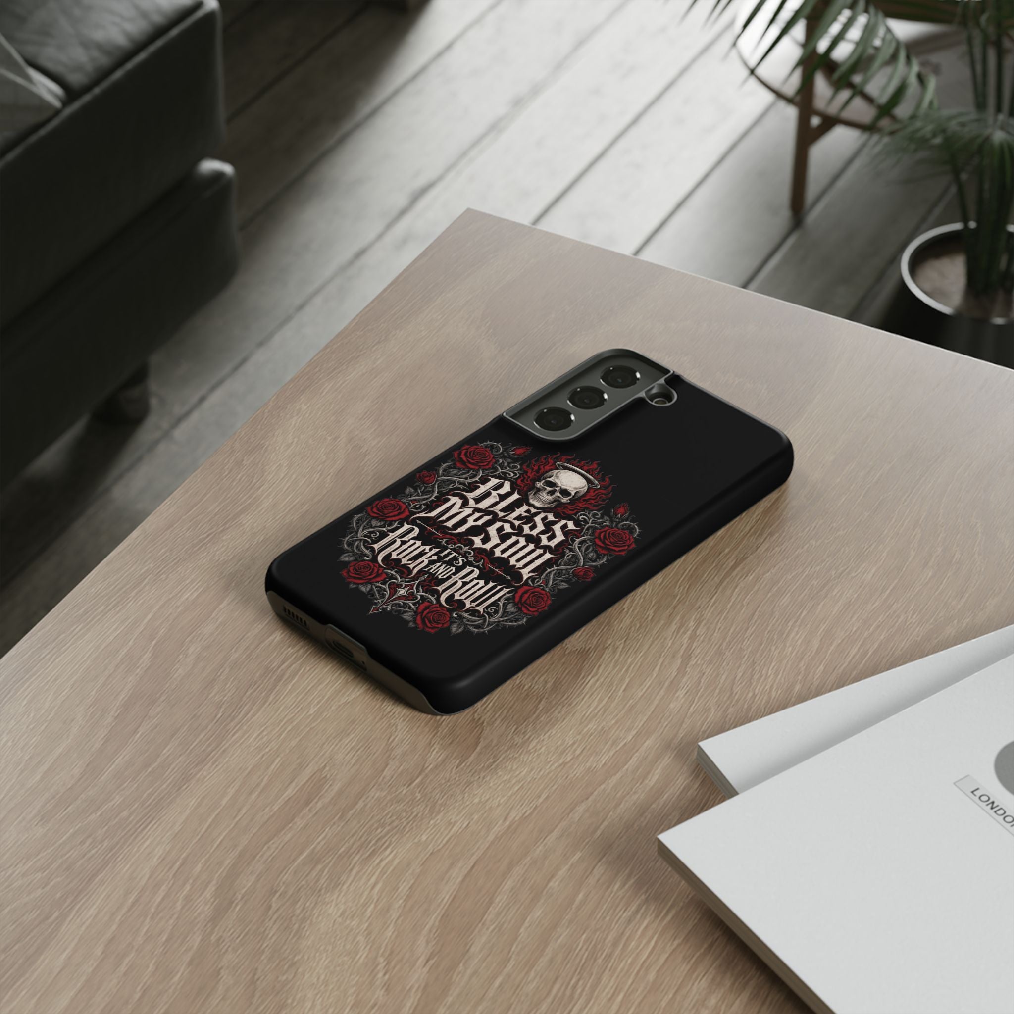 Bless My Soul Rock and Roll Phone Case — Gothic Skull & Roses Tough Case