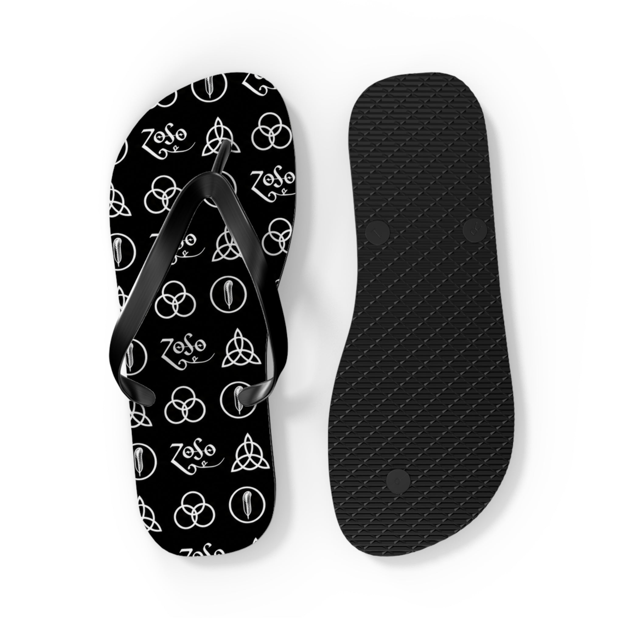 Led Zeppelin symbols Logo Flip Flops — Black & White Rock Star Beach Sandals