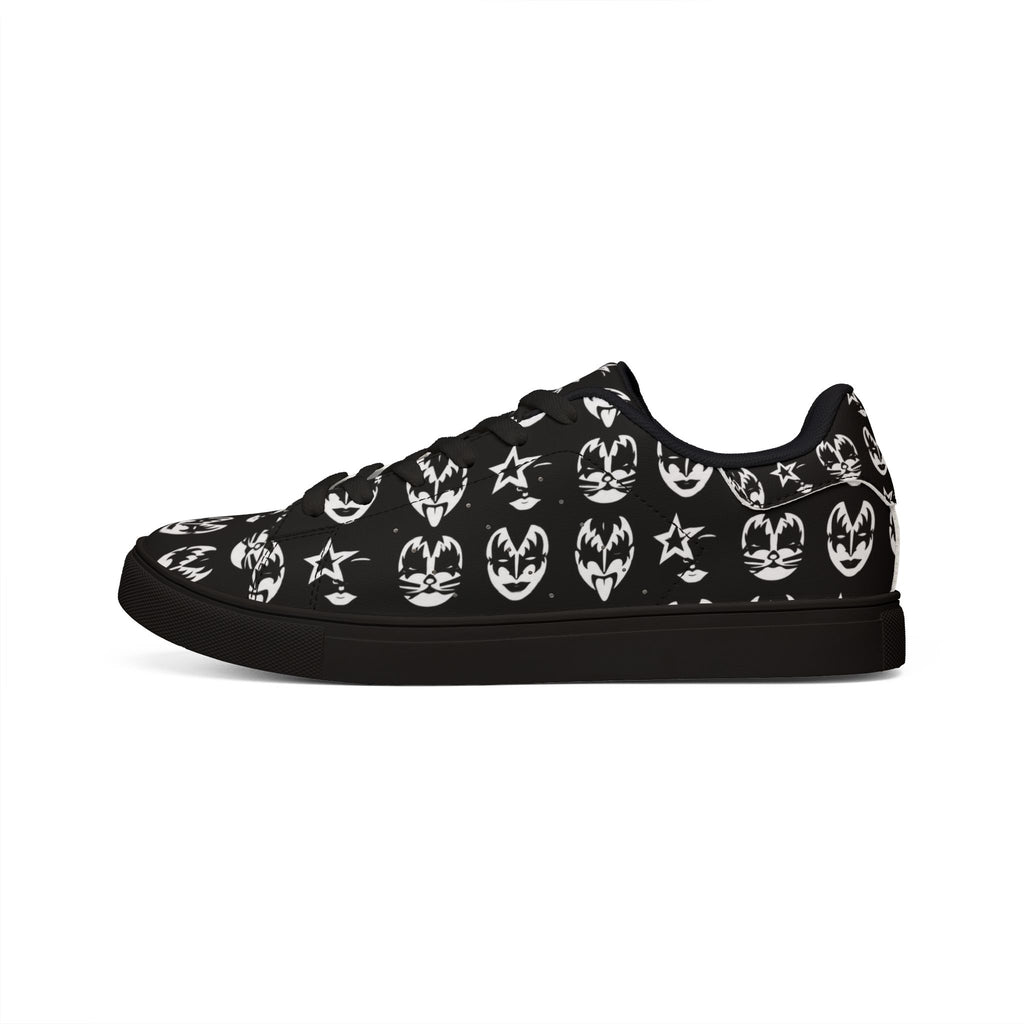 PU Leather Sneakers — Black Rock Kiss Face Pattern Low-Top Shoes