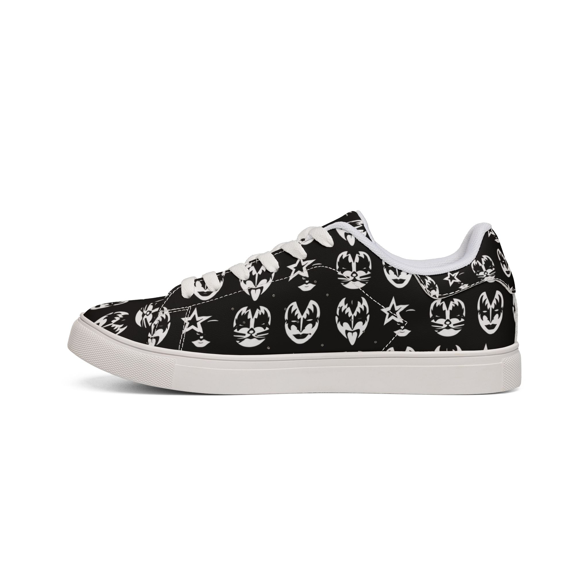PU Leather Sneakers — Black Rock Kiss Face Pattern Low-Top Shoes