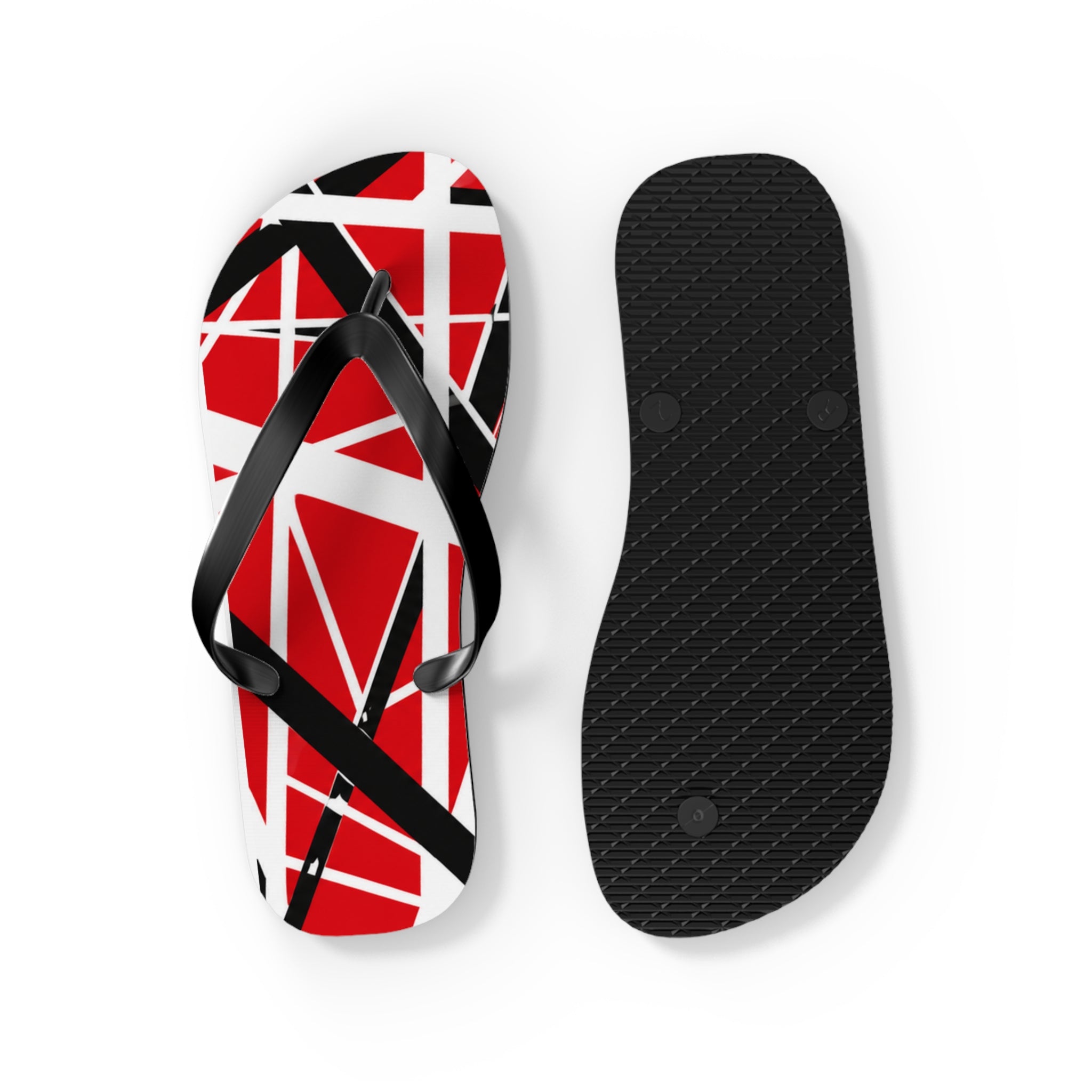EVH Van Halen Tribute bold Flip Flops — Red Black Geometric Abstract Stripe Summer Sandals