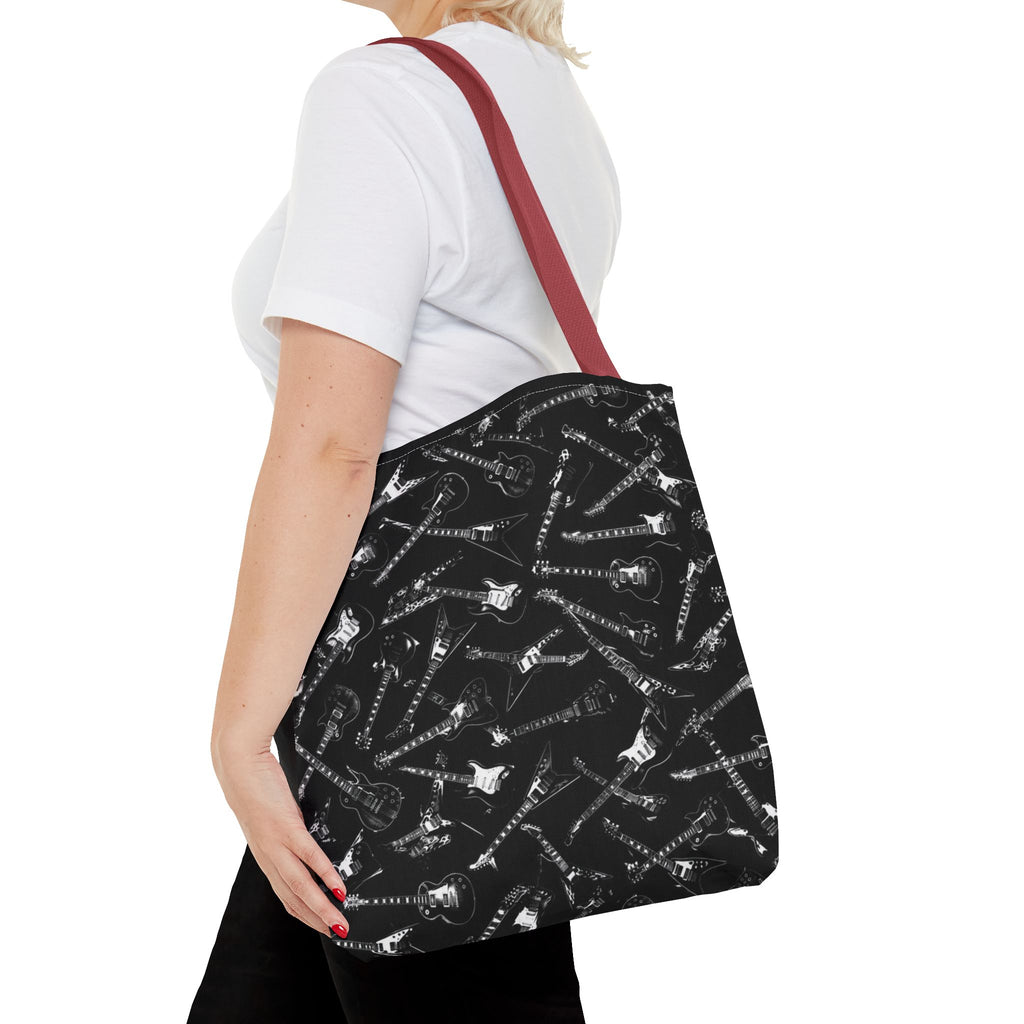 Black Guitar Pattern Tote Bag — Rock Music Instrument All-Over Print