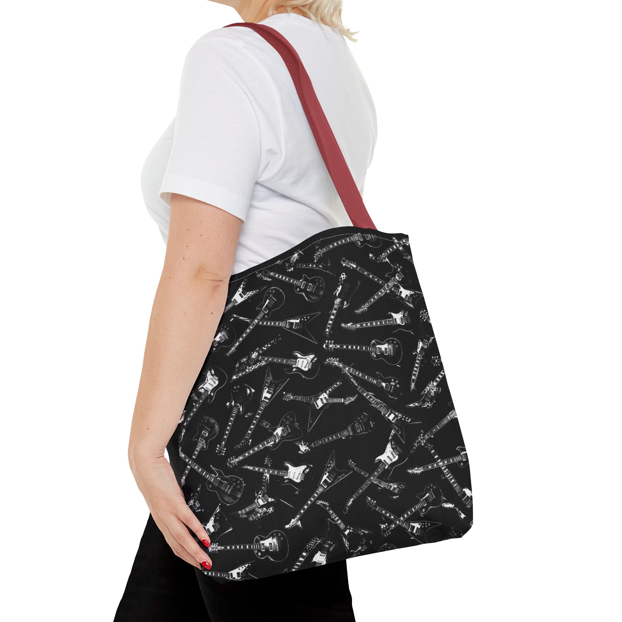 Black Guitar Pattern Tote Bag — Rock Music Instrument All-Over Print