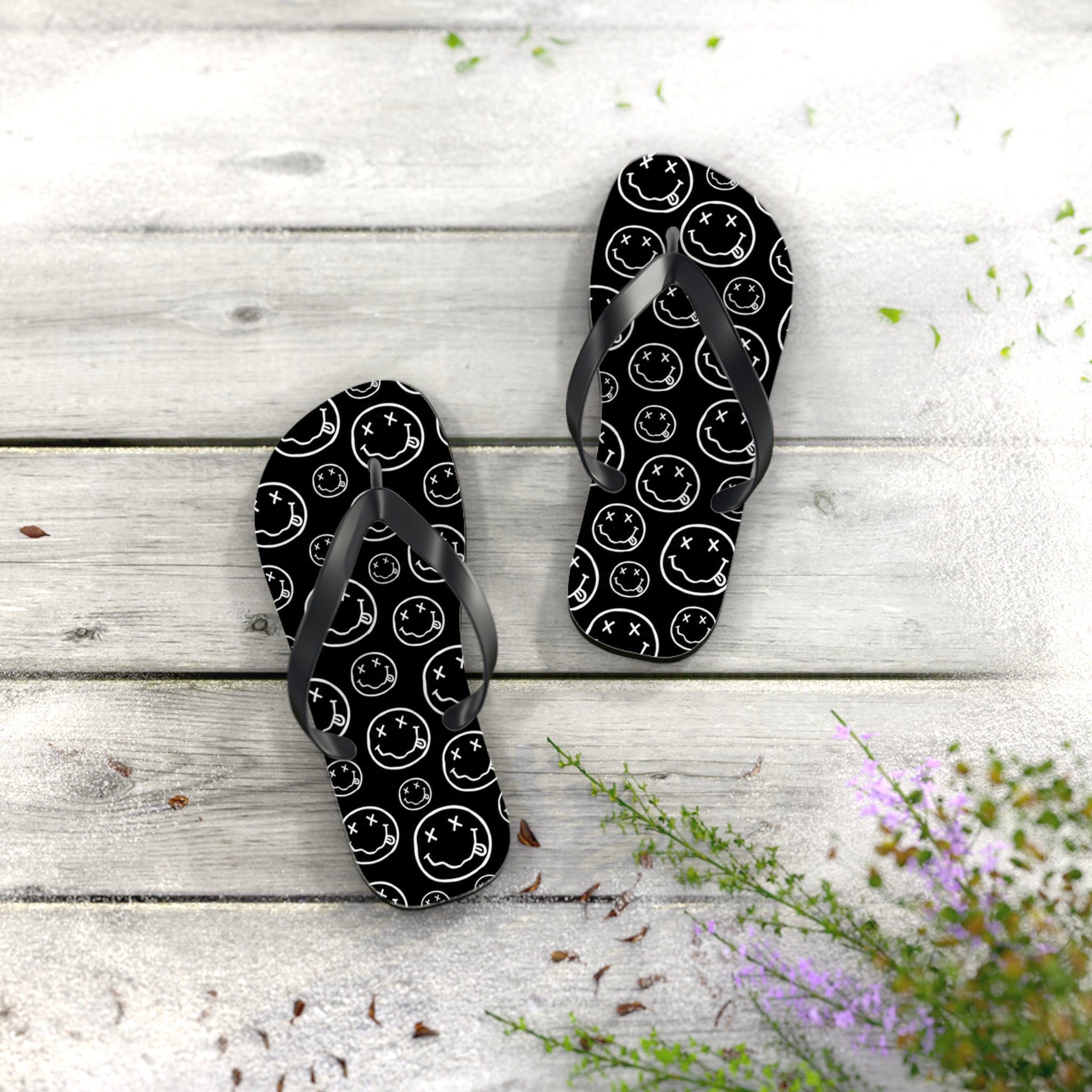 Nirvana Flip Flops — Black, Black & White Rock Star Beach Sandals