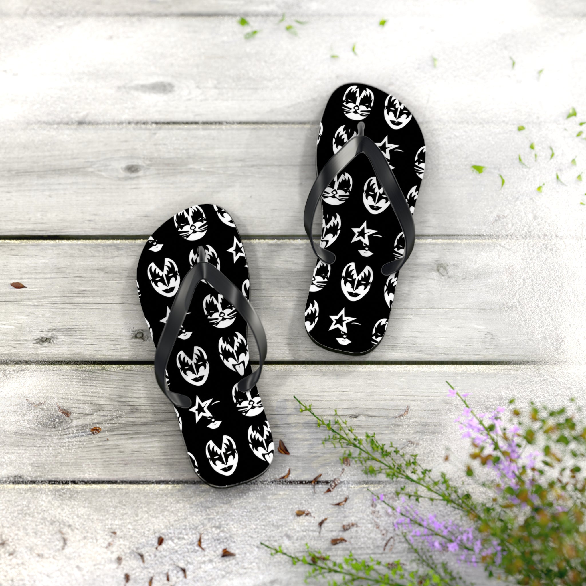 Kiss Band Logo Flip Flops — Black & White Rock Star Beach Sandals