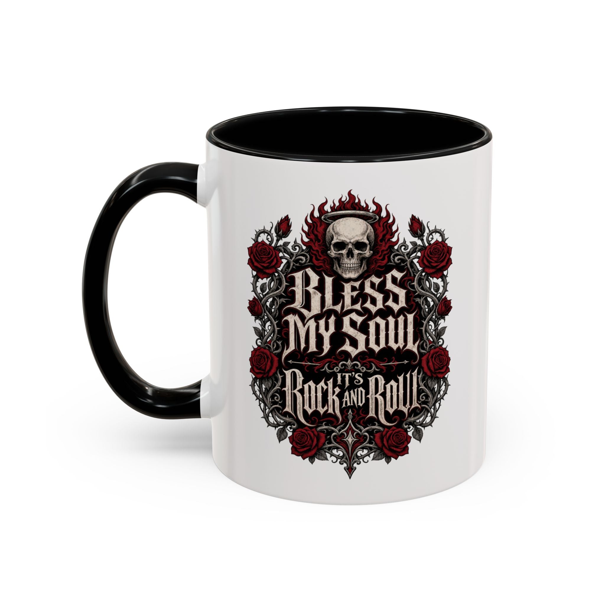 Rock & Roll Coffee Mug — "Bless My Soul" Skull & Roses Accent Mug